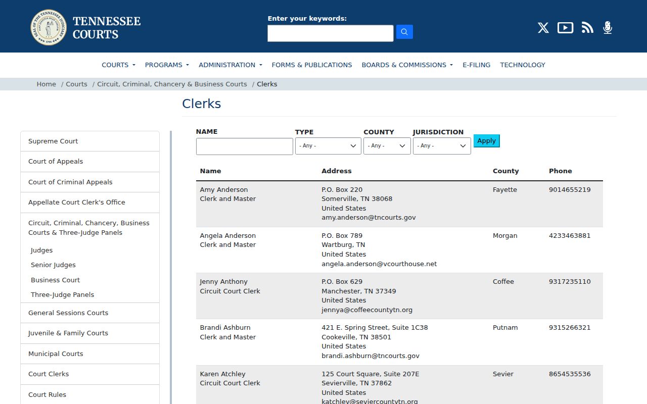 Tennessee clerk directory used for Decatur County criminal court case access